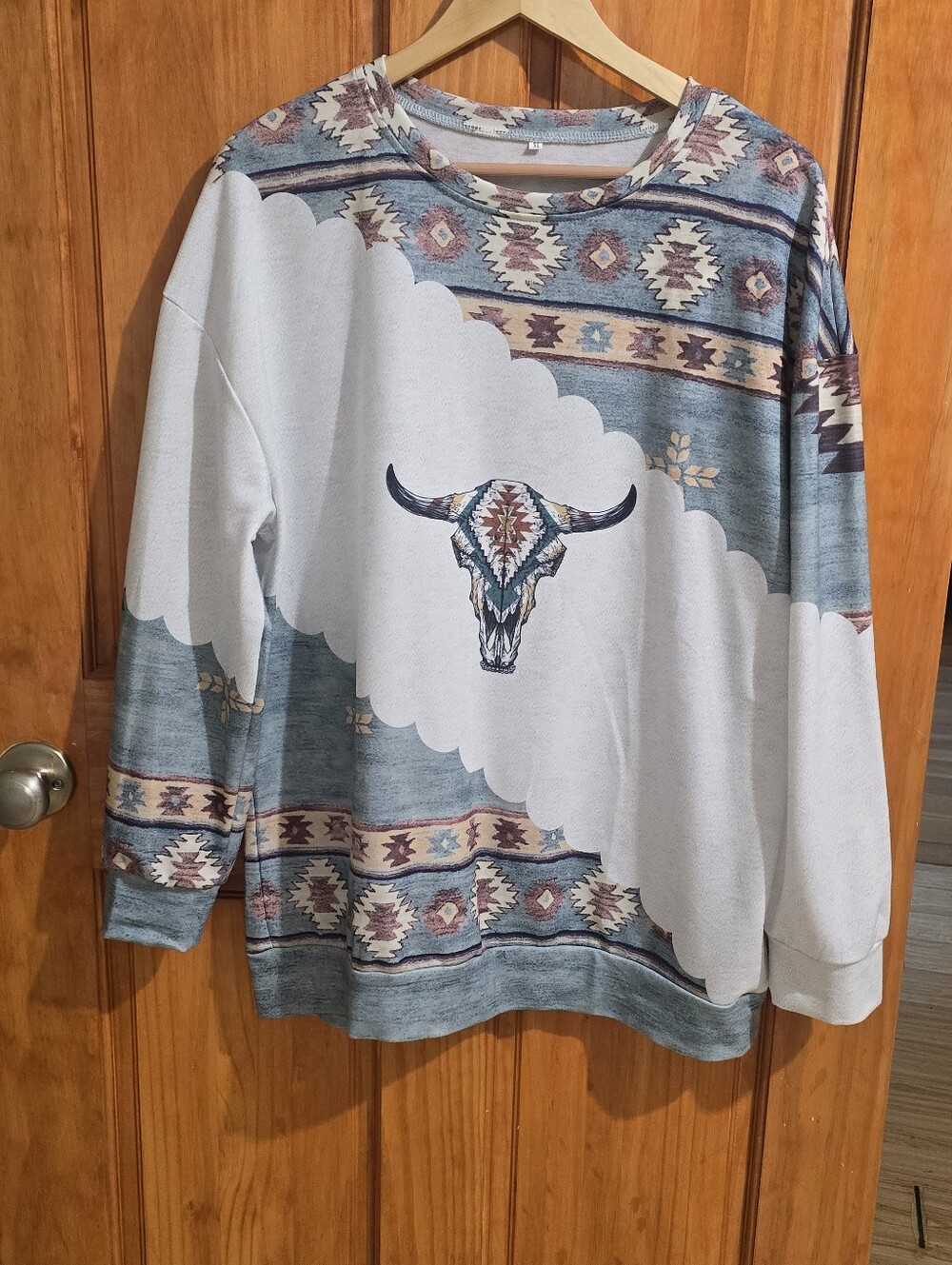 Southwestern Bull Skull Hoodie Teal White Aztec Print Sweatshirt XL